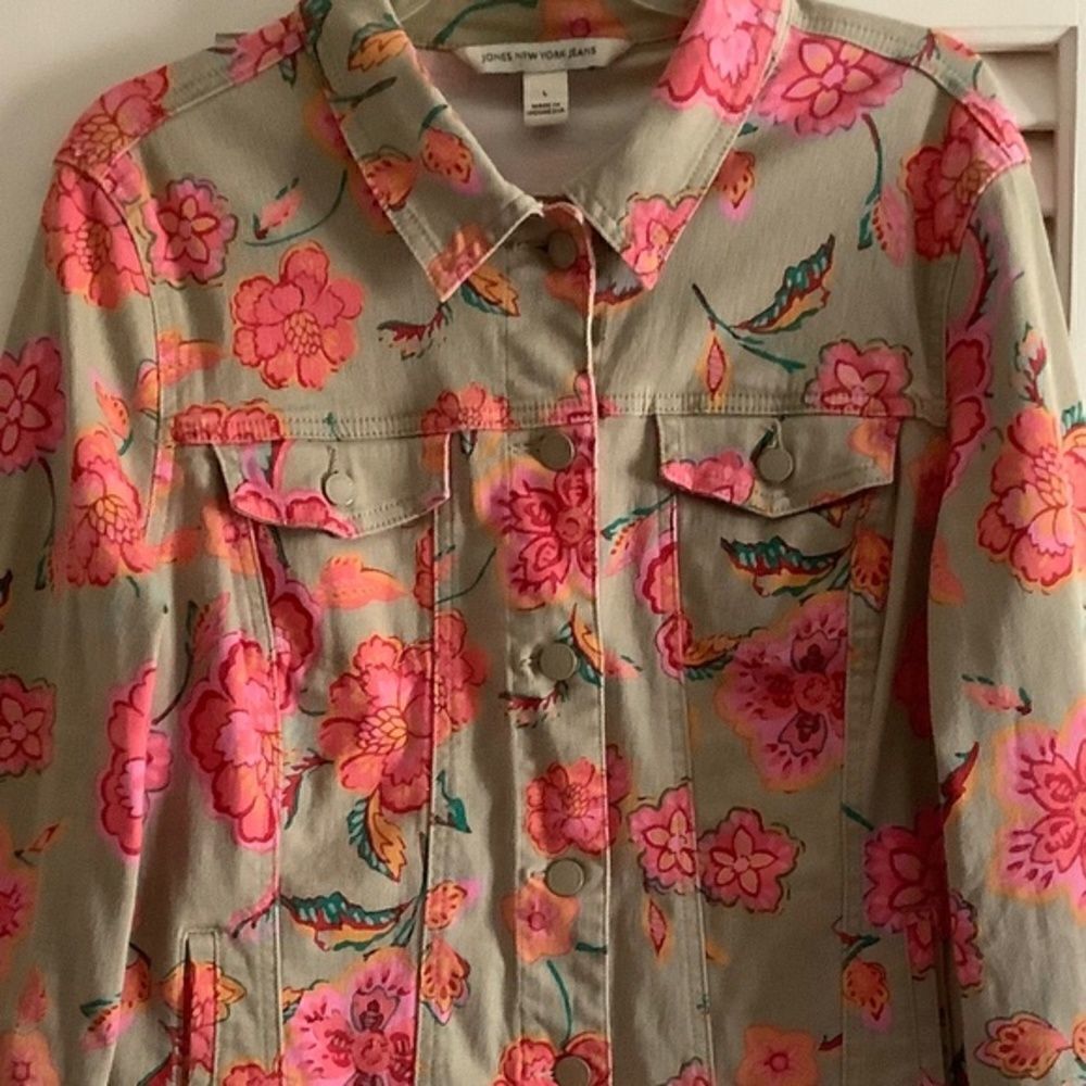 JONES NY Floral Denim Logo Jacket L Orange/Pink LS​​